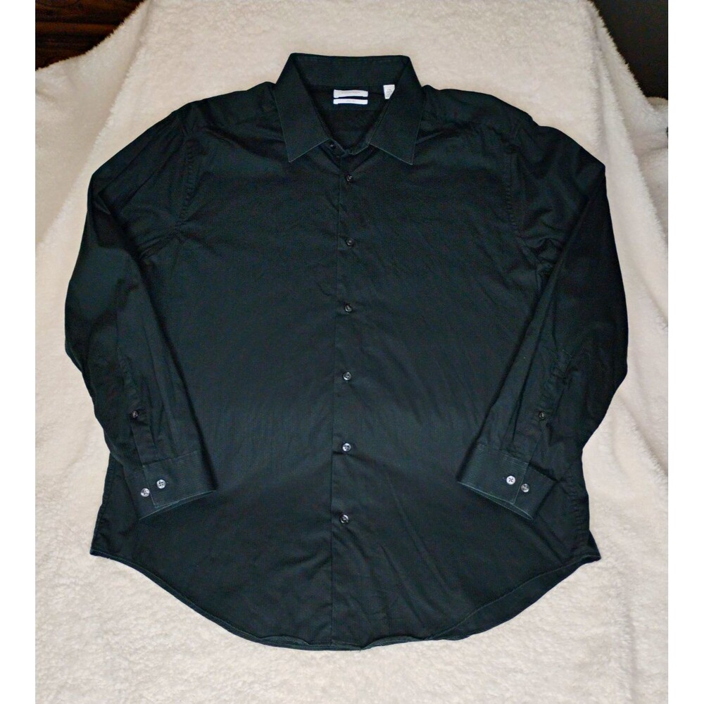 Calvin Klein Mens XL 17.5 32/33 Slim Fit Black on Black Stripe Button Down Shirt